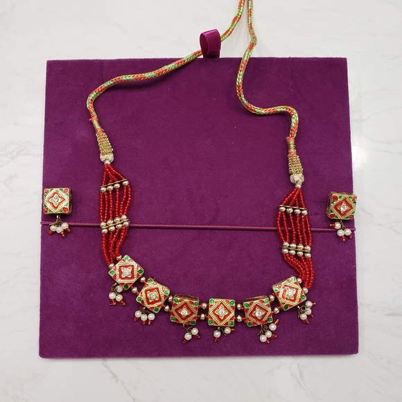 New 💖 Red and Green Ethnic Indian Kundan Rajasthani Necklace with Earri… - Picture 1 of 4